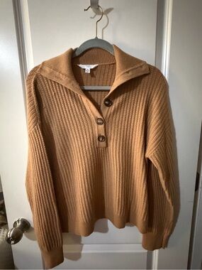 Time and Tru Camel Ribbed Half-Placket Pullover Sweater